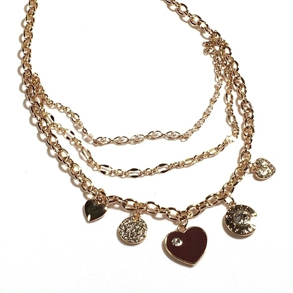 𝅺3/$29! GUESS Long Statement Charm Necklace Hearts - Picture 2 of 8